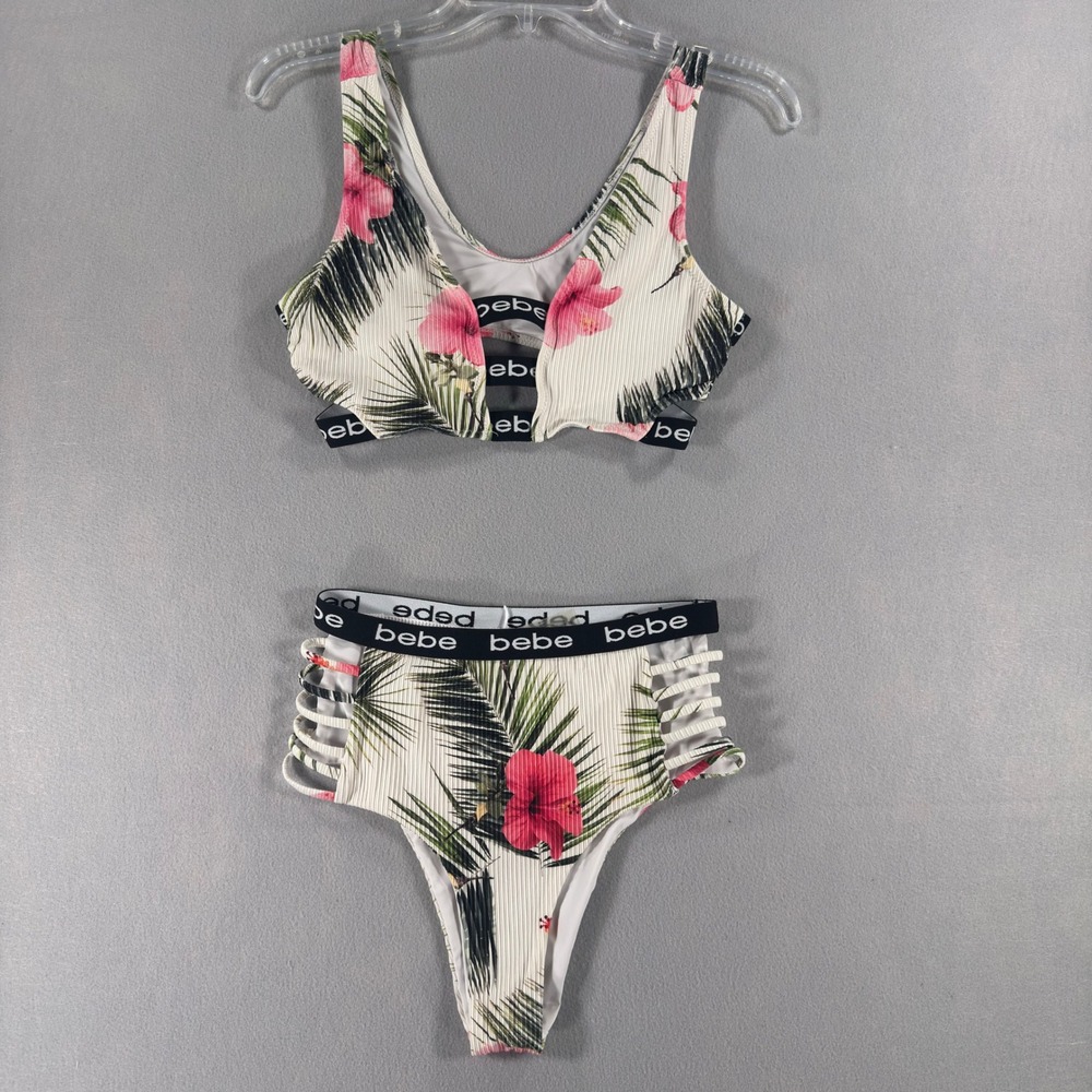 Bebe Women Tropical Floral Ribbed Bikini Set Logo Strappy High Waist White S
